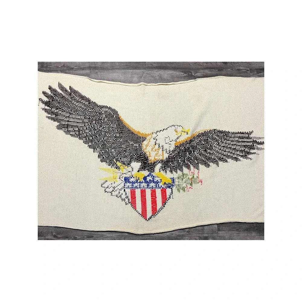 Vintage Handmade Crochet American Eagle Patriotic Shield Afghan Throw Blanket